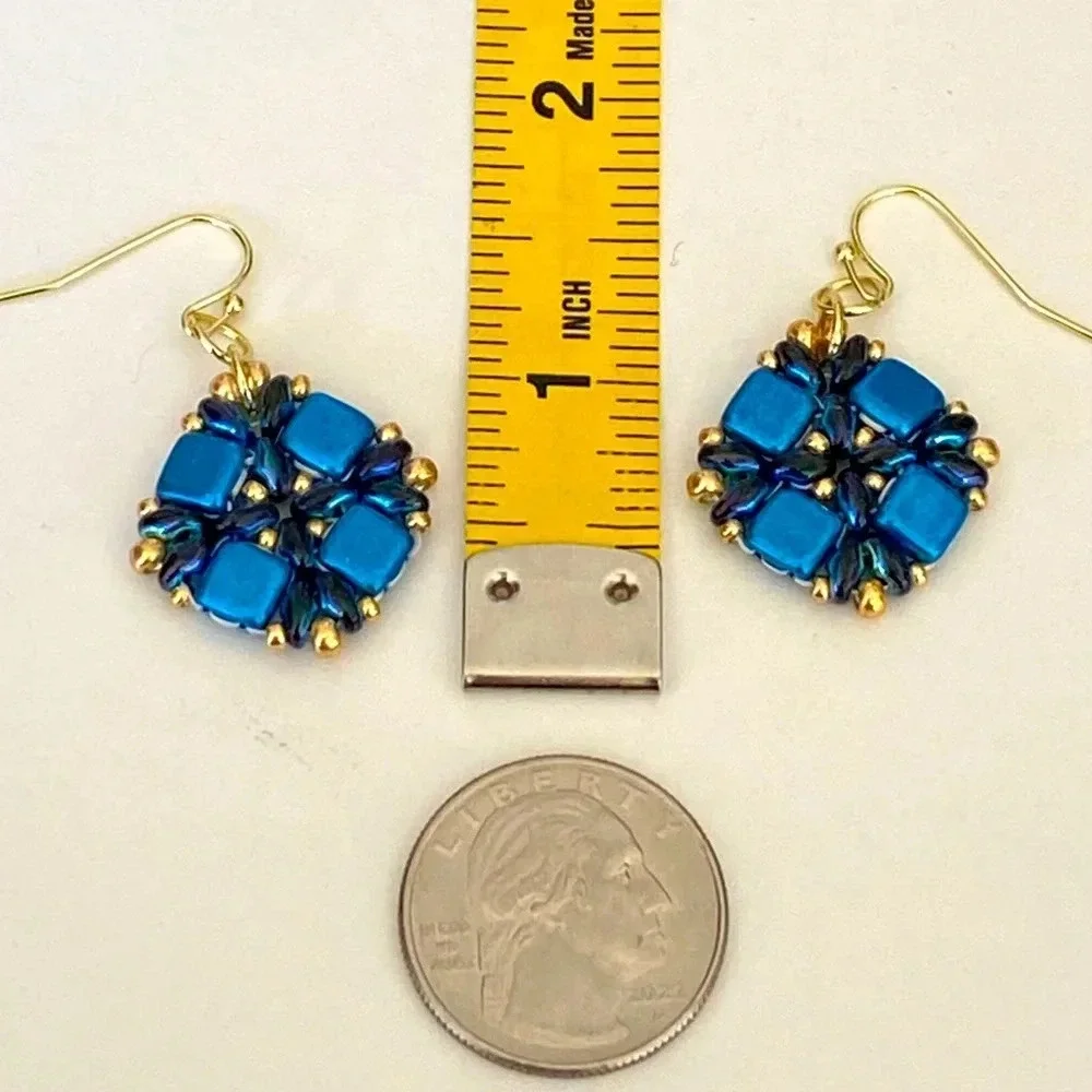 Handmade Unique Blue & Gold Czech Glass Bead Earrings